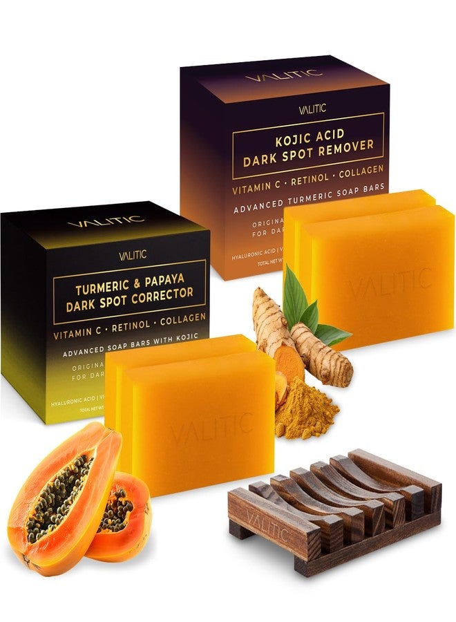 VALITIC Papaya and Turmeric Kojic Acid Soap Bar - Dark Spot Corrector Skin Care Cleansing Bar - Infused with Vitamin C, Hyaluronic Acid - Papaya 2 Pack, Kojic 2 Pack, Holder - Image 1