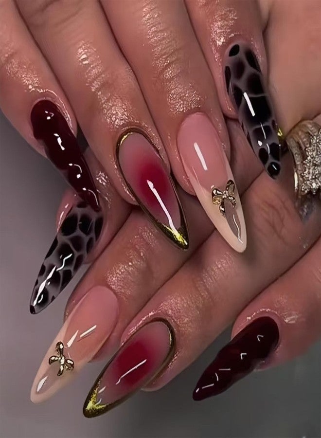 Jremg Brown Press on Nails Medium Almond Fake Nails with 3D Metal Gold Bow Designs Glossy Leopard Print Full Cover Stick on Nails White French Tip False Nails Reusable Acrylic Nails for Women 24Pcs - Image 1