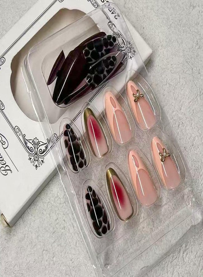 Jremg Brown Press on Nails Medium Almond Fake Nails with 3D Metal Gold Bow Designs Glossy Leopard Print Full Cover Stick on Nails White French Tip False Nails Reusable Acrylic Nails for Women 24Pcs - Image 2