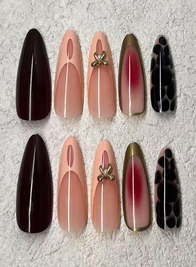 Jremg Brown Press on Nails Medium Almond Fake Nails with 3D Metal Gold Bow Designs Glossy Leopard Print Full Cover Stick on Nails White French Tip False Nails Reusable Acrylic Nails for Women 24Pcs - Image 4