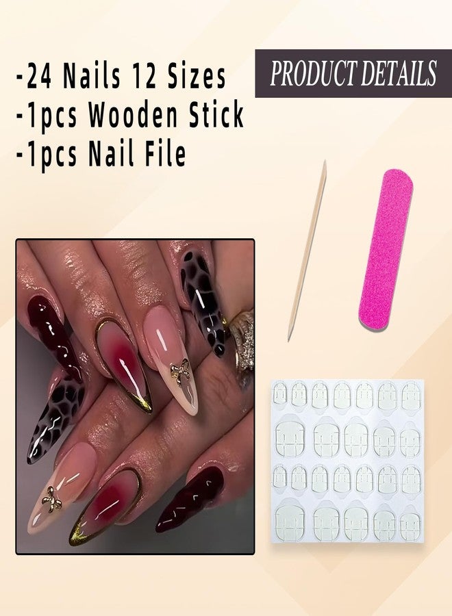 Jremg Brown Press on Nails Medium Almond Fake Nails with 3D Metal Gold Bow Designs Glossy Leopard Print Full Cover Stick on Nails White French Tip False Nails Reusable Acrylic Nails for Women 24Pcs - Image 5