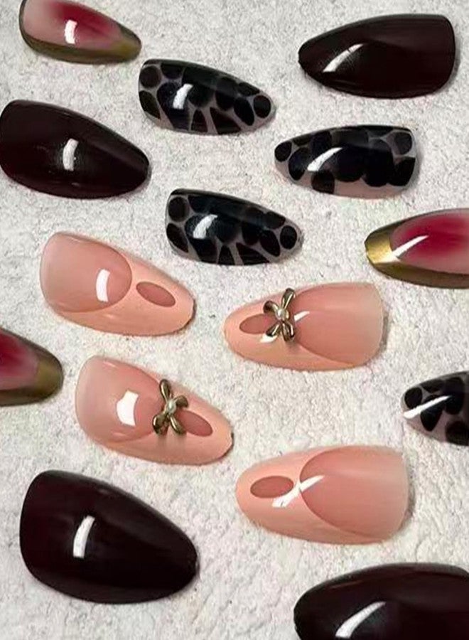 Jremg Brown Press on Nails Medium Almond Fake Nails with 3D Metal Gold Bow Designs Glossy Leopard Print Full Cover Stick on Nails White French Tip False Nails Reusable Acrylic Nails for Women 24Pcs - Image 3