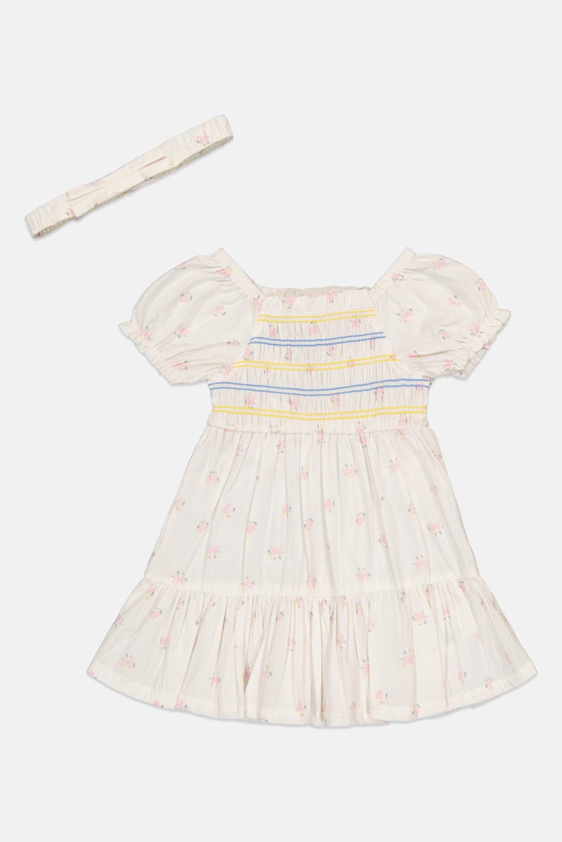 Willow & Whistle Toddlers Girl 2Pcs Floral Smocking Dress And Scrunchie Set, White - Image 2