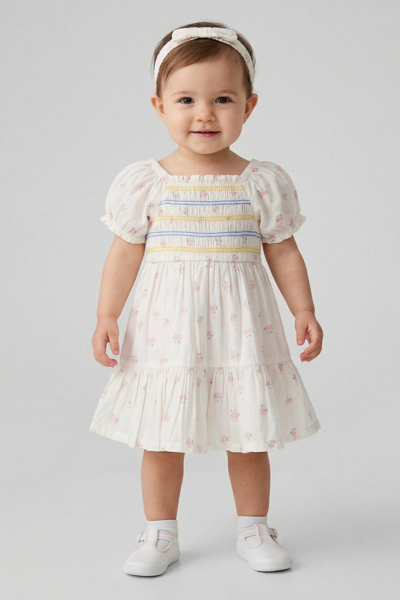 Willow & Whistle Toddlers Girl 2Pcs Floral Smocking Dress And Scrunchie Set, White - Image 1