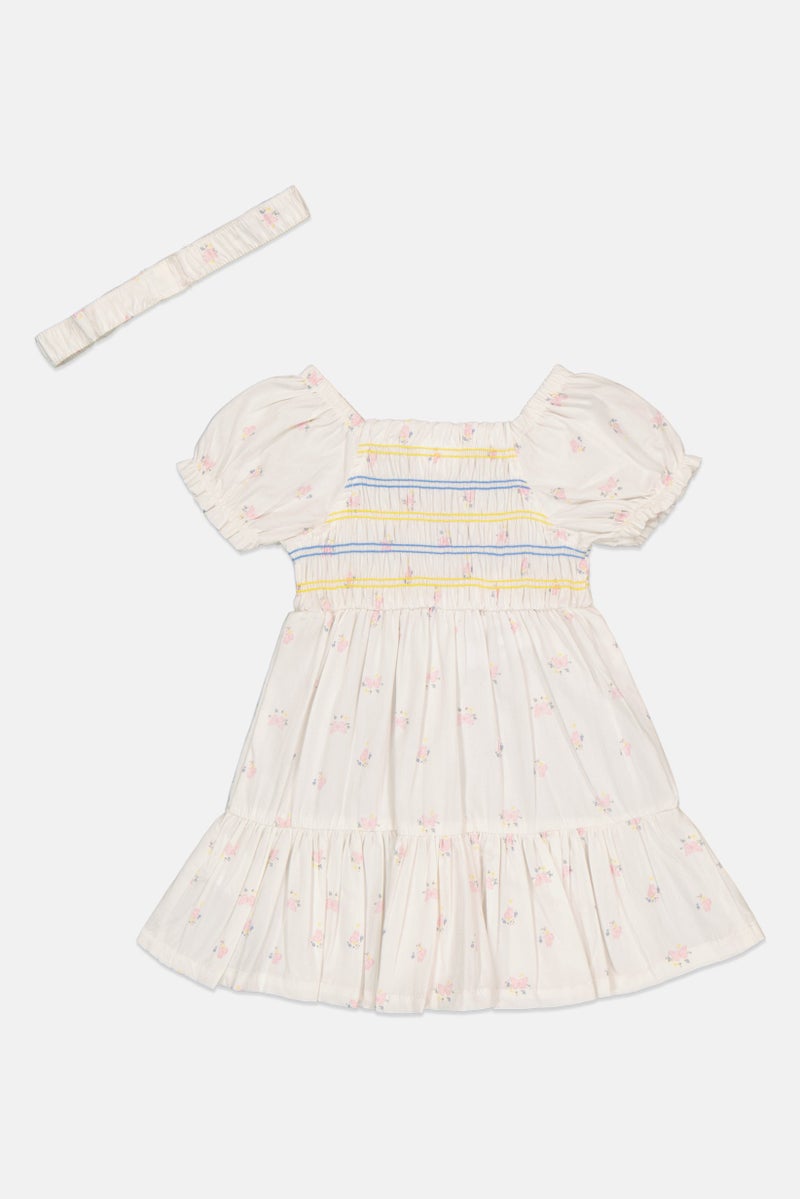 Willow & Whistle Toddlers Girl 2Pcs Floral Smocking Dress And Scrunchie Set, White - Image 3