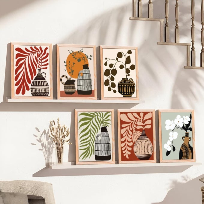 BOHO WALL DECOR MINIMALIST BOHO WALL ARTMID CENTURY MODERN CANVAS WALL ART ABSTRACT BOHO ROOM DECOR BOHEMIAN MOON PHASES WALL PAINTING FOR LIVING ROOM BEDROOM KITCHEN OFFICE HOME DECOR SET OF 6 10X13IN RED LEAFS VASE
