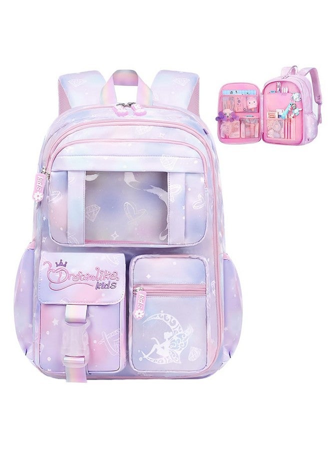 PALAY® Girls School Backpack Girls School Backpack Stylish School Bags Dreamy Purple Cartoon Print Schoolgirls Backpack Large Burden Relief Oxford Cloth School Backpack Gift Children's Day Gift - Image 1