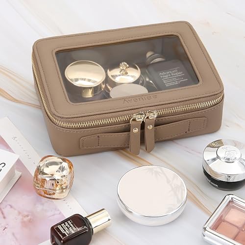 Aveniee Clear Makeup Bag Organizer, Travel Toiletry Bag Cosmetic Case for Women, Portable Make Up Skincare Pouch Car Organizer Bag with Zippers for Essentials,Taupe - Image 3