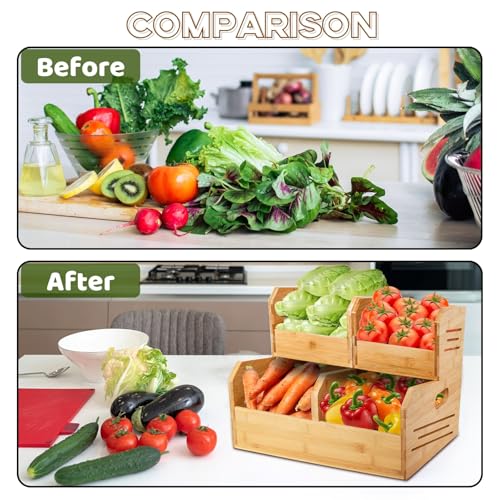 Noamus 2 Tier Bamboo Stackable Storage Bins, 4 Compartment Potato and Onion Storage Baskets, Pantry Organizer Holder with Handle, Open Front Kitchen Fruit Containers for Fruit Bread Vegetable Garlic - Image 5