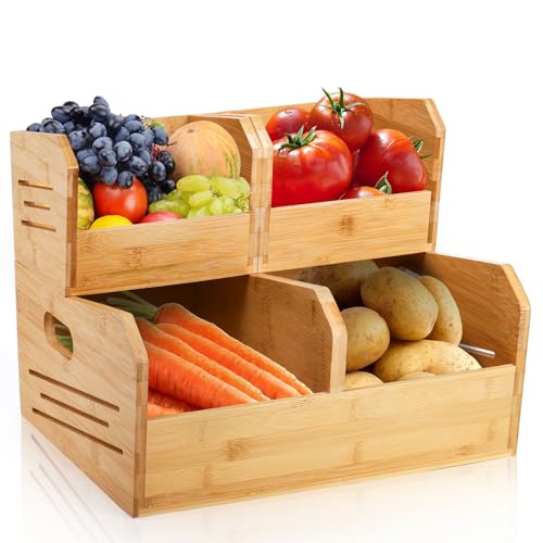 Noamus 2 Tier Bamboo Stackable Storage Bins, 4 Compartment Potato and Onion Storage Baskets, Pantry Organizer Holder with Handle, Open Front Kitchen Fruit Containers for Fruit Bread Vegetable Garlic - Image 1