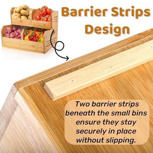 Noamus 2 Tier Bamboo Stackable Storage Bins, 4 Compartment Potato and Onion Storage Baskets, Pantry Organizer Holder with Handle, Open Front Kitchen Fruit Containers for Fruit Bread Vegetable Garlic - Image 3