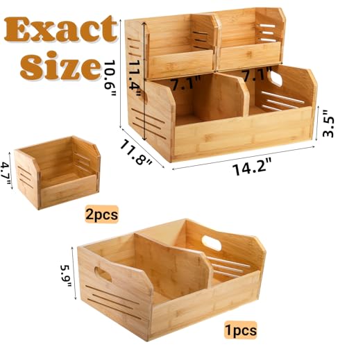 Noamus 2 Tier Bamboo Stackable Storage Bins, 4 Compartment Potato and Onion Storage Baskets, Pantry Organizer Holder with Handle, Open Front Kitchen Fruit Containers for Fruit Bread Vegetable Garlic - Image 2