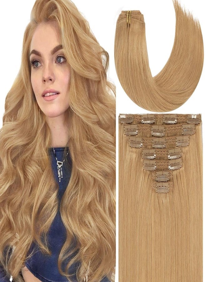 Caliee Blonde Clip in Hair Extensions Human Hair Double Weft Lace 22 Inch Natural Straight Color Caramel Blonde Soft Remy Clip in Hair Extensions for Full Head 140 G 7 Pcs - Image 1