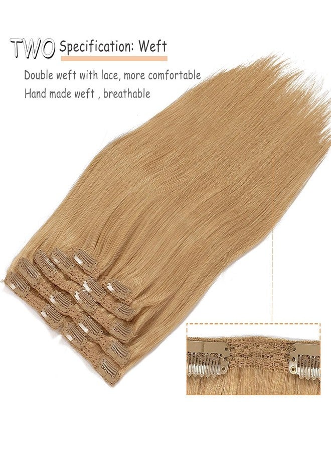 Caliee Blonde Clip in Hair Extensions Human Hair Double Weft Lace 22 Inch Natural Straight Color Caramel Blonde Soft Remy Clip in Hair Extensions for Full Head 140 G 7 Pcs - Image 4