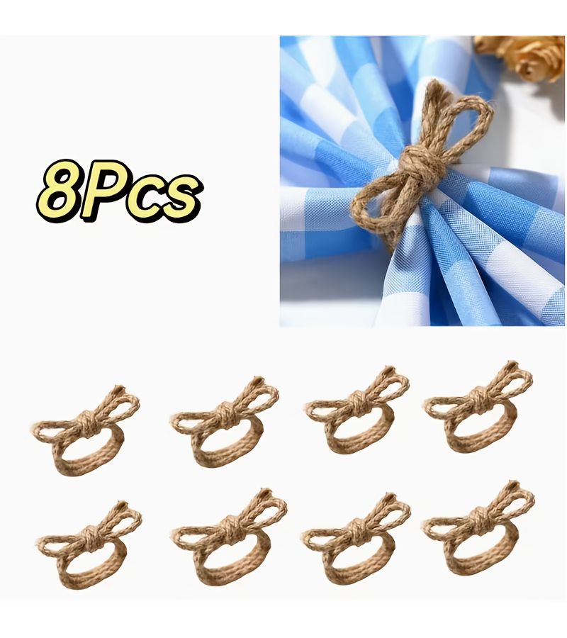 8 Pcs Elegant Linen Woven Bow Napkin Rings For Dining Table Decor Weddings - Image 1