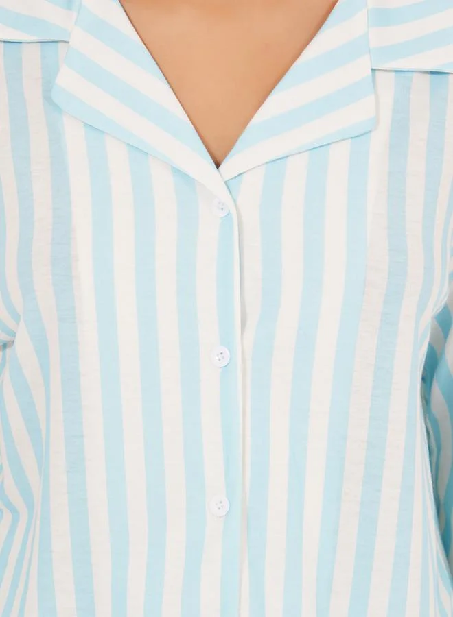 Styli Striped & Floral Contrast Long Sleeve Shirt & Pyjama Set