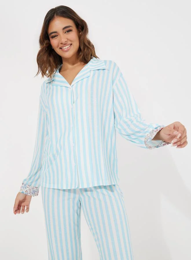 Styli Striped & Floral Contrast Long Sleeve Shirt & Pyjama Set