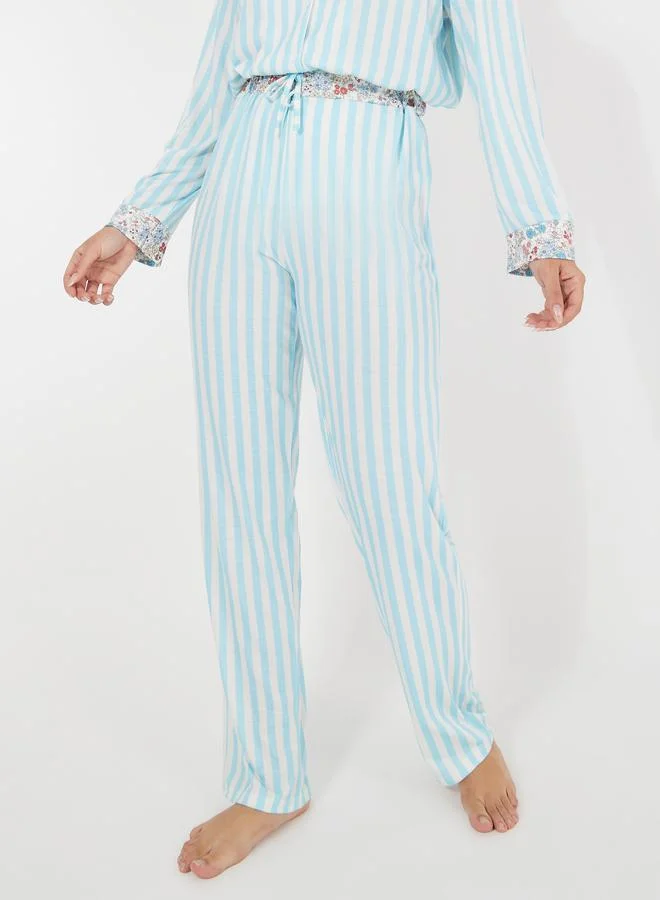 Styli Striped & Floral Contrast Long Sleeve Shirt & Pyjama Set