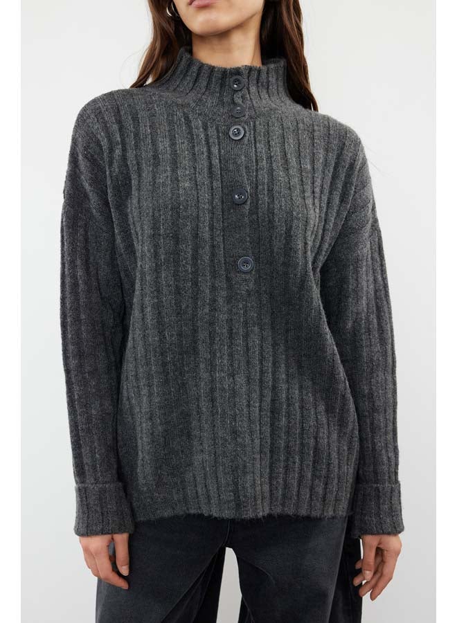 trendyol Anthracite Wide Fit Soft Textured Stand Collar Knitwear Sweater TWOAW21KZ0783 - Image 3