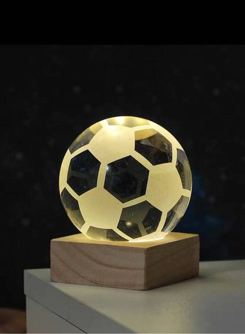One football - themed luminous warm - light ornament, a 3D laser - engraved crystal ball lamp with a wooden base, suitable for home and office use. - Image 2