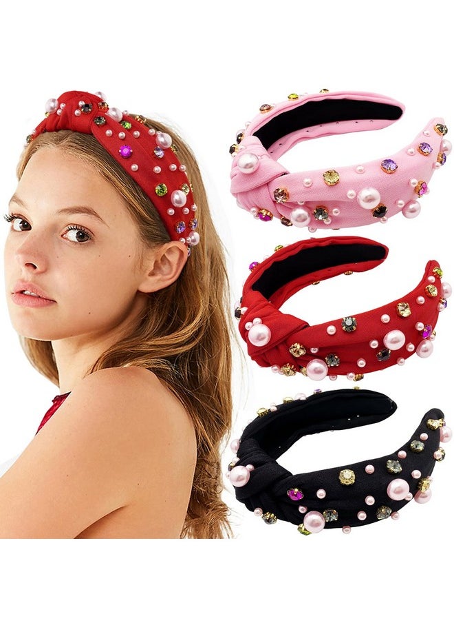 BETITETO Knotted Headbands For Women 3Pcs Pink Beaded Pearls Rhinestone Crystal Wide Hair Bands Hoops Accessories Gifts For Her (Black+Pink+Red)  - Image 1