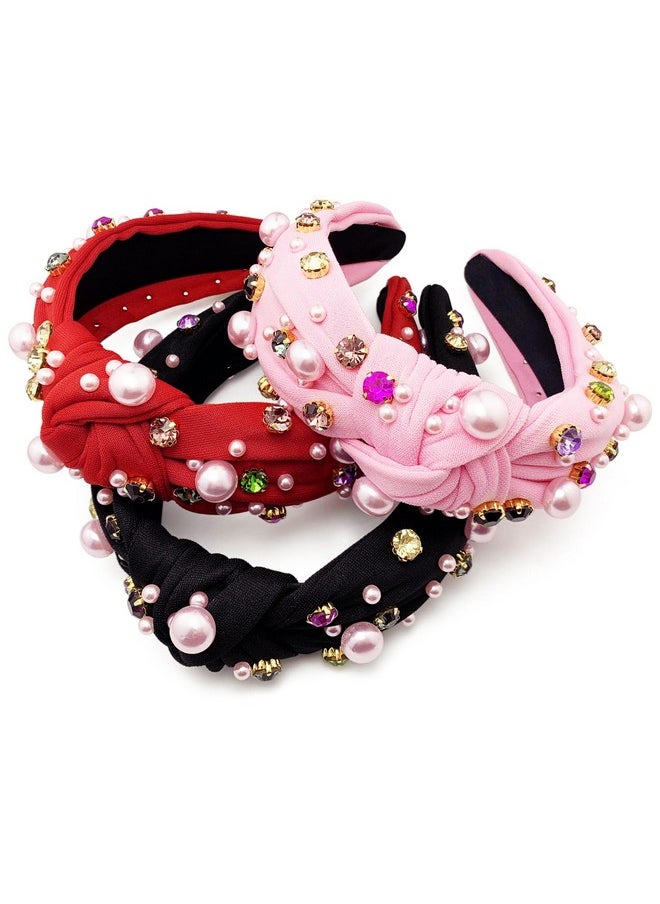 BETITETO Knotted Headbands For Women 3Pcs Pink Beaded Pearls Rhinestone Crystal Wide Hair Bands Hoops Accessories Gifts For Her (Black+Pink+Red)  - Image 3