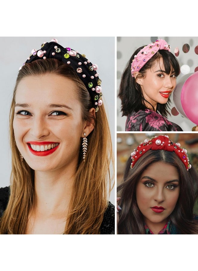 BETITETO Knotted Headbands For Women 3Pcs Pink Beaded Pearls Rhinestone Crystal Wide Hair Bands Hoops Accessories Gifts For Her (Black+Pink+Red)  - Image 2