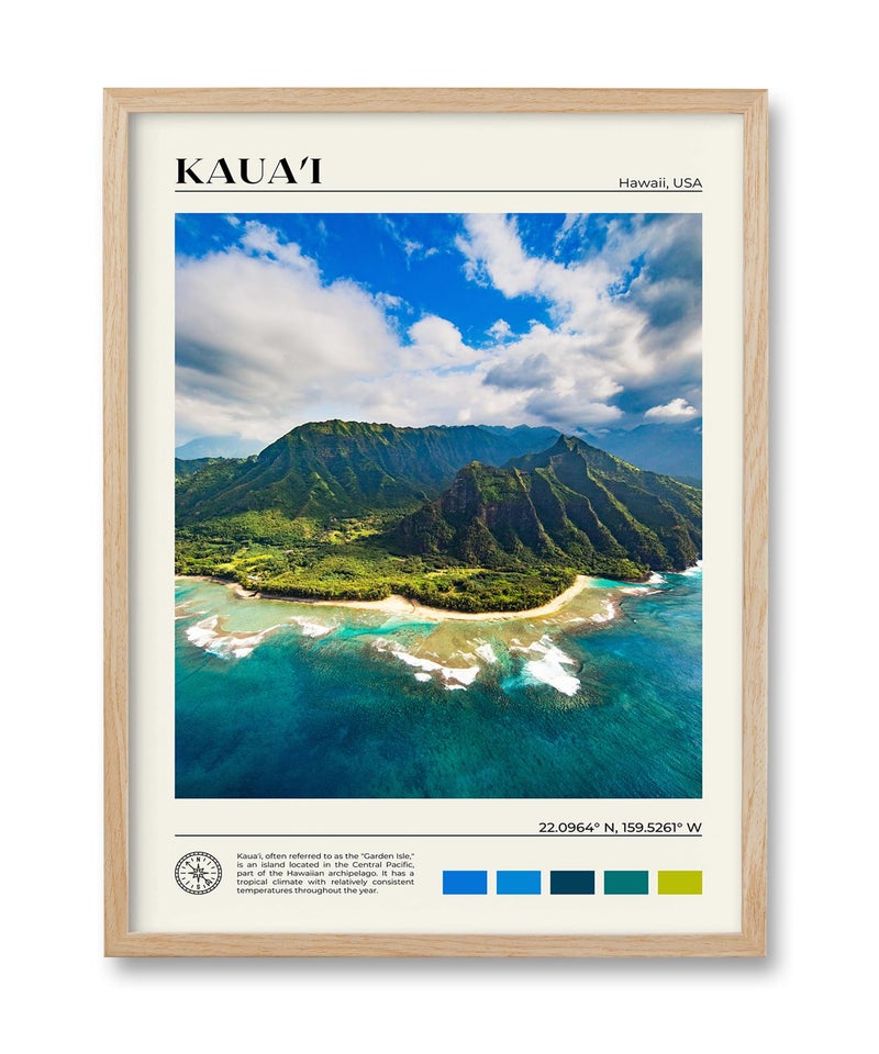 HesenDot Natural OAK Wood Framed Hawaiian Archipelago Wall Art12x16in Kauai Quality Canvas Wall PrintClassic Urban Landmark Wall Decor for Living RoomBedroomOffice Gallery Set of 1 - Image 2