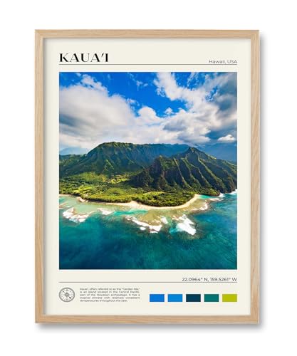 HesenDot Natural OAK Wood Framed Hawaiian Archipelago Wall Art12x16in Kauai Quality Canvas Wall PrintClassic Urban Landmark Wall Decor for Living RoomBedroomOffice Gallery Set of 1 - Image 1