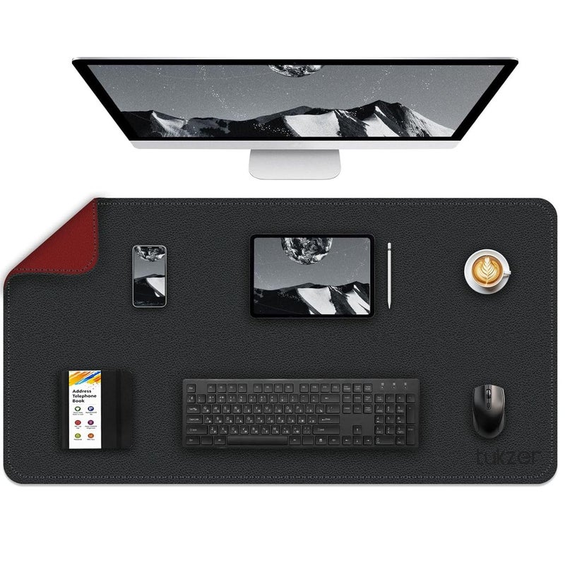 tuKZer Extended Vegan PU Leather Mouse Pad Desk mat Smooth Reversible Dual Color Splash Proof Anti Fray Stitched Edges Non-Slip Mousepad for Laptop Notebook Gaming Computer(Black & Red 90CM X 45CM) - Image 1