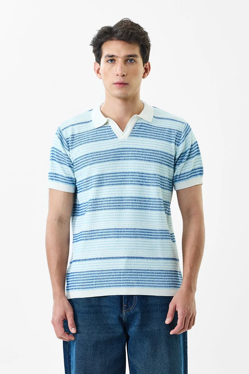 SNITCH Blue Striped Half Sleeve Regular Fit T-Shirt