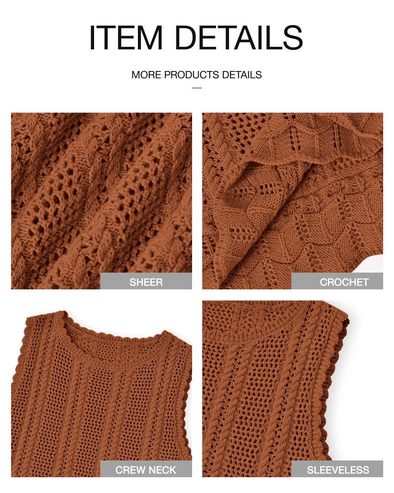 KIRUNDO Beach Vacation Clothes for Women Spring Summer Crochet Sweater Vest Tank Tops Cover Ups Resort Cruise Outfits 2026(Caramel, Medium) - Image 4