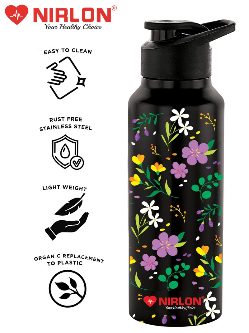NIRLON Stainless Steel Single Walled Water Bottle 750ml, Water Bottles For Fridge, School,Gym,Home,office,Boys, Girls, Kids, Leak Proof (UV Printed Bottle, Floral, Sipper Cap) - Image 4