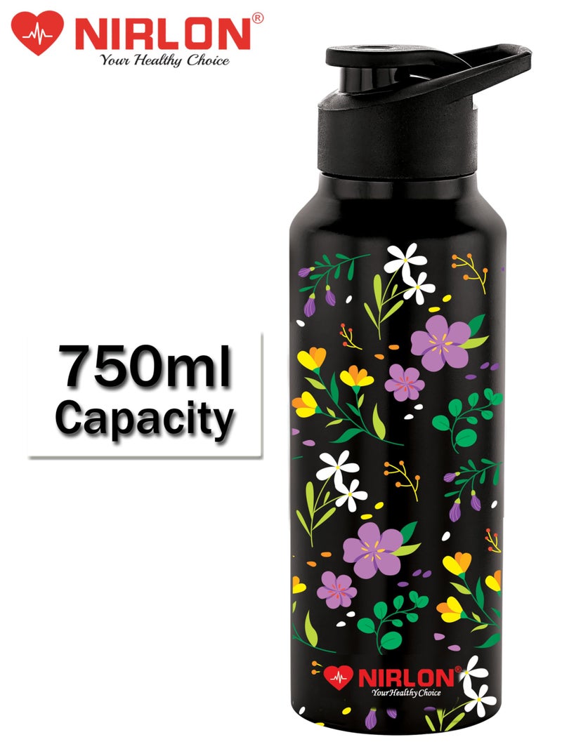 NIRLON Stainless Steel Single Walled Water Bottle 750ml, Water Bottles For Fridge, School,Gym,Home,office,Boys, Girls, Kids, Leak Proof (UV Printed Bottle, Floral, Sipper Cap) - Image 2