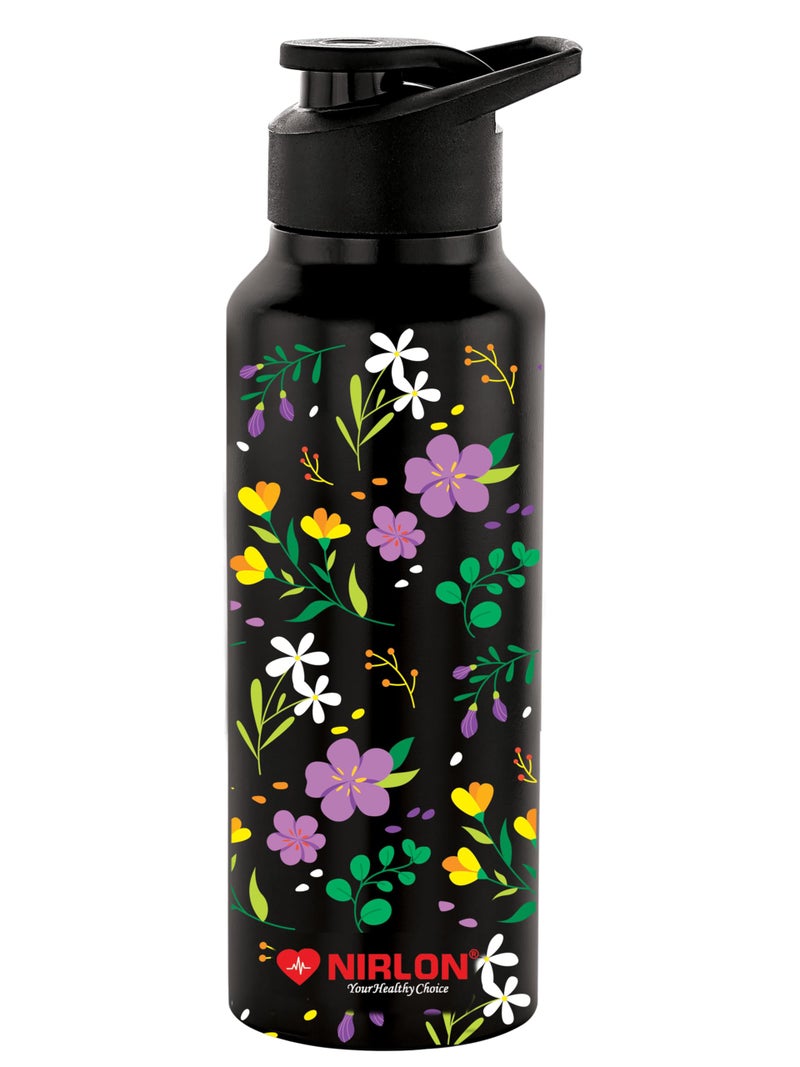 NIRLON Stainless Steel Single Walled Water Bottle 750ml, Water Bottles For Fridge, School,Gym,Home,office,Boys, Girls, Kids, Leak Proof (UV Printed Bottle, Floral, Sipper Cap) - Image 1