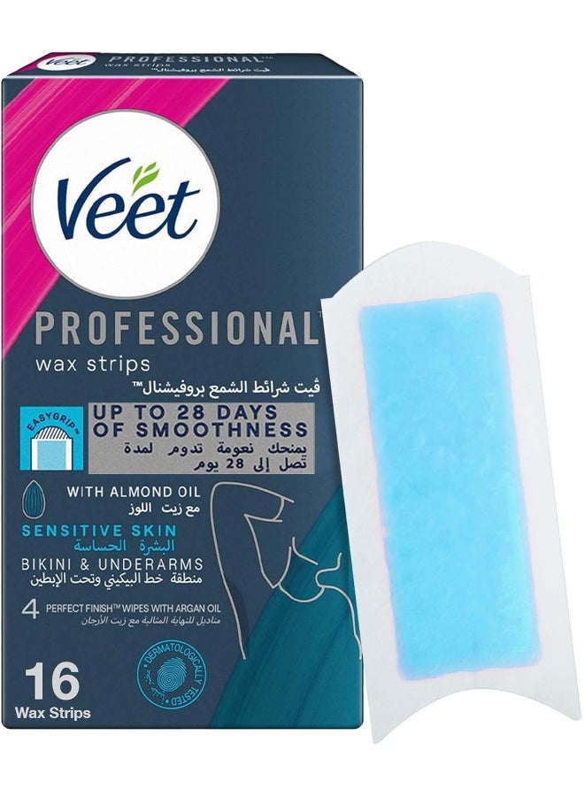 Veet شرائط شمع فيت الاحترافية لإزالة الشعر سهلة الجل للبكيني وتحت الإبط مع زيت اللوز، للبشرة الحساسة، مناديل إنهاء مثالية مع زيت الأركان، تدوم حتى 28 يومًا من النعومة، 16 شريط شمع - Image 1