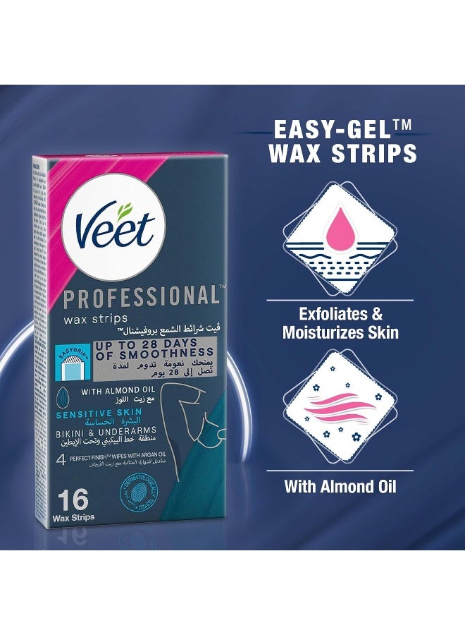 Veet شرائط شمع فيت الاحترافية لإزالة الشعر سهلة الجل للبكيني وتحت الإبط مع زيت اللوز، للبشرة الحساسة، مناديل إنهاء مثالية مع زيت الأركان، تدوم حتى 28 يومًا من النعومة، 16 شريط شمع - Image 3