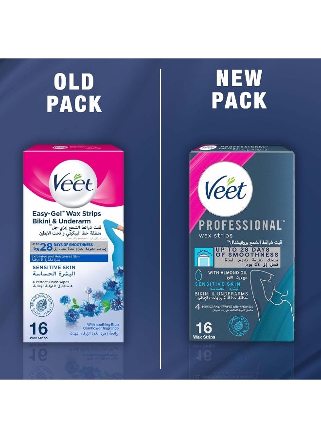 Veet شرائط شمع فيت الاحترافية لإزالة الشعر سهلة الجل للبكيني وتحت الإبط مع زيت اللوز، للبشرة الحساسة، مناديل إنهاء مثالية مع زيت الأركان، تدوم حتى 28 يومًا من النعومة، 16 شريط شمع - Image 2