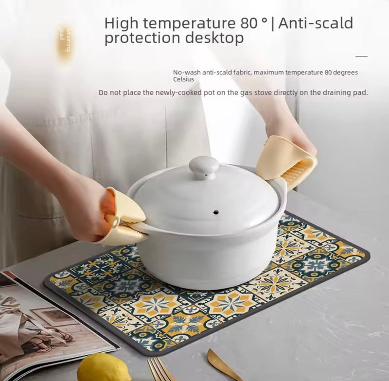 Home-Cloud HomeCloud Dish Drying Mat for Kitchen Counter Hide Stain Super Absorbent, Non-Slip, Heat-Resistant, Great for Dishes,Rack Pad, Kitchen Counter, Coffee Maker (40x50cm, Yellow_Grey_Leaf) - Image 2