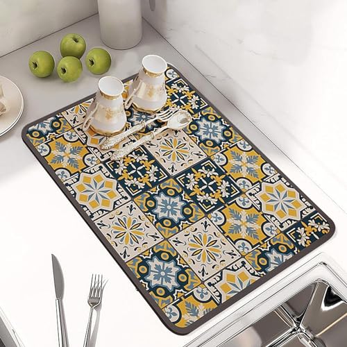 Home-Cloud HomeCloud Dish Drying Mat for Kitchen Counter Hide Stain Super Absorbent, Non-Slip, Heat-Resistant, Great for Dishes,Rack Pad, Kitchen Counter, Coffee Maker (40x50cm, Yellow_Grey_Leaf) - Image 1