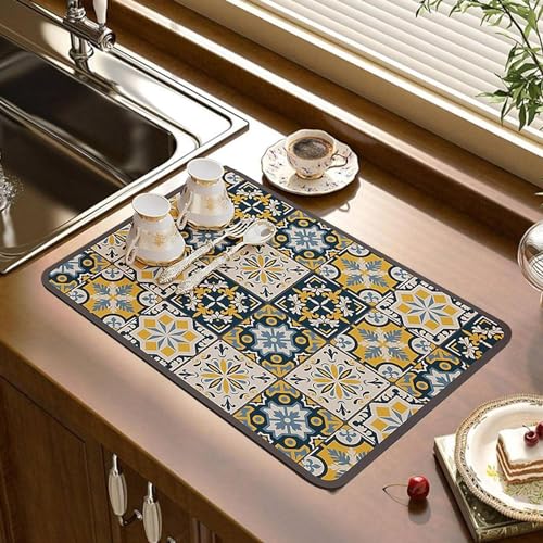 Home-Cloud HomeCloud Dish Drying Mat for Kitchen Counter Hide Stain Super Absorbent, Non-Slip, Heat-Resistant, Great for Dishes,Rack Pad, Kitchen Counter, Coffee Maker (40x50cm, Yellow_Grey_Leaf) - Image 5