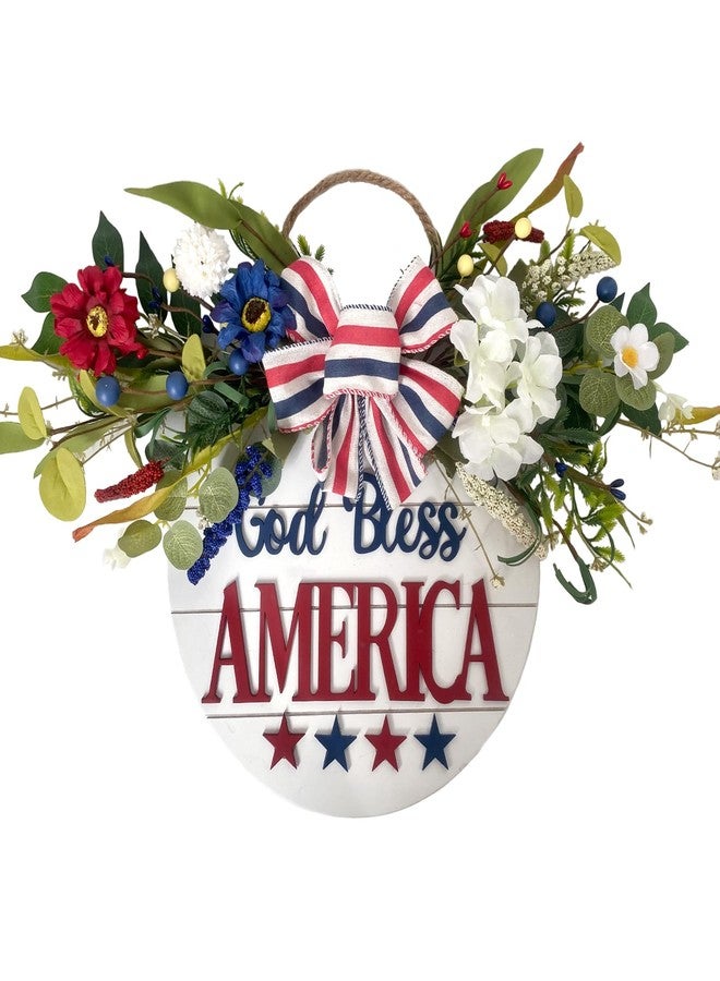 Idyllic God Bless America Sign 4th of July Wreath Patriotic Wreath for Front Door, 16" Red White and Blue Flower Wooden Sign for Memorial Day Independence Day Decoration - Image 1