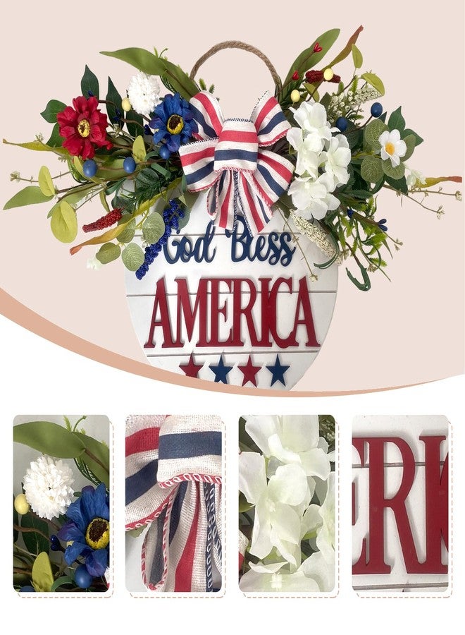Idyllic God Bless America Sign 4th of July Wreath Patriotic Wreath for Front Door, 16" Red White and Blue Flower Wooden Sign for Memorial Day Independence Day Decoration - Image 2