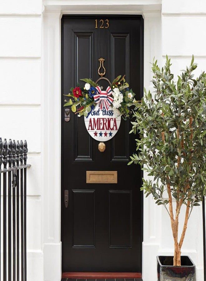 Idyllic God Bless America Sign 4th of July Wreath Patriotic Wreath for Front Door, 16" Red White and Blue Flower Wooden Sign for Memorial Day Independence Day Decoration - Image 5