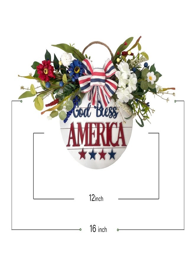 Idyllic God Bless America Sign 4th of July Wreath Patriotic Wreath for Front Door, 16" Red White and Blue Flower Wooden Sign for Memorial Day Independence Day Decoration - Image 3