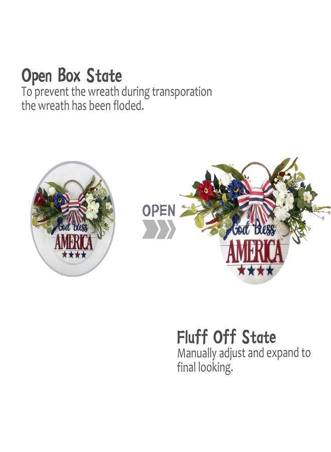 Idyllic God Bless America Sign 4th of July Wreath Patriotic Wreath for Front Door, 16" Red White and Blue Flower Wooden Sign for Memorial Day Independence Day Decoration - Image 4