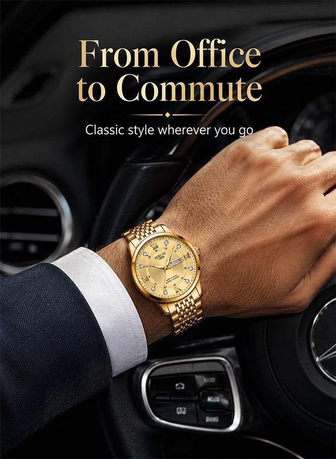 DEBLVE Gold Watch for Men, Stainless Steel Quartz Wrist Watch with Day Date Display, Luminous Hands, Business Casual Analog Watch for Men, Fashion Dress Watch, Gold - Image 5