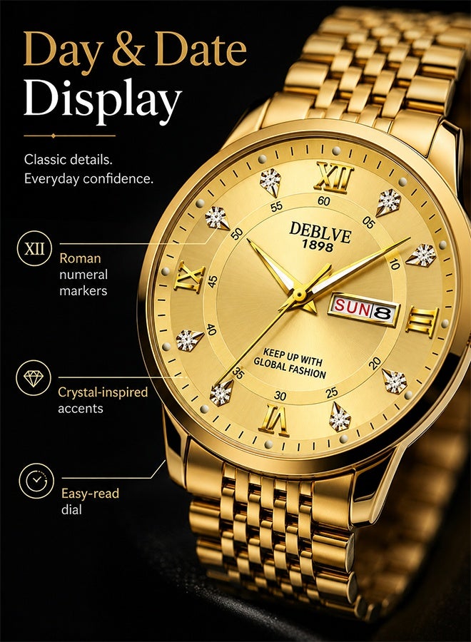 DEBLVE Gold Watch for Men, Stainless Steel Quartz Wrist Watch with Day Date Display, Luminous Hands, Business Casual Analog Watch for Men, Fashion Dress Watch, Gold - Image 3