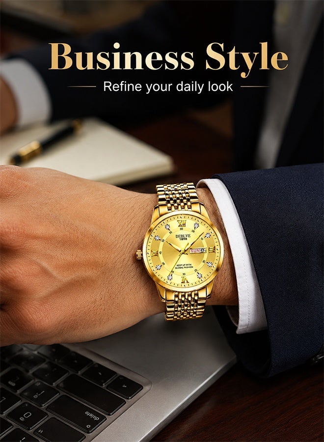 DEBLVE Gold Watch for Men, Stainless Steel Quartz Wrist Watch with Day Date Display, Luminous Hands, Business Casual Analog Watch for Men, Fashion Dress Watch, Gold - Image 4