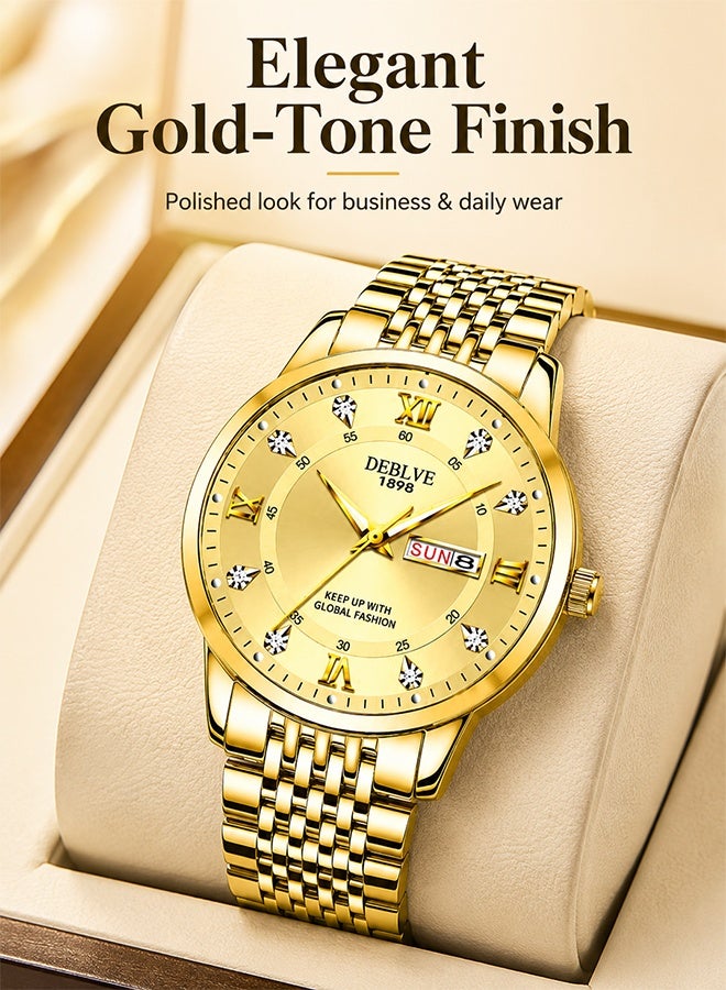 DEBLVE Gold Watch for Men, Stainless Steel Quartz Wrist Watch with Day Date Display, Luminous Hands, Business Casual Analog Watch for Men, Fashion Dress Watch, Gold - Image 2